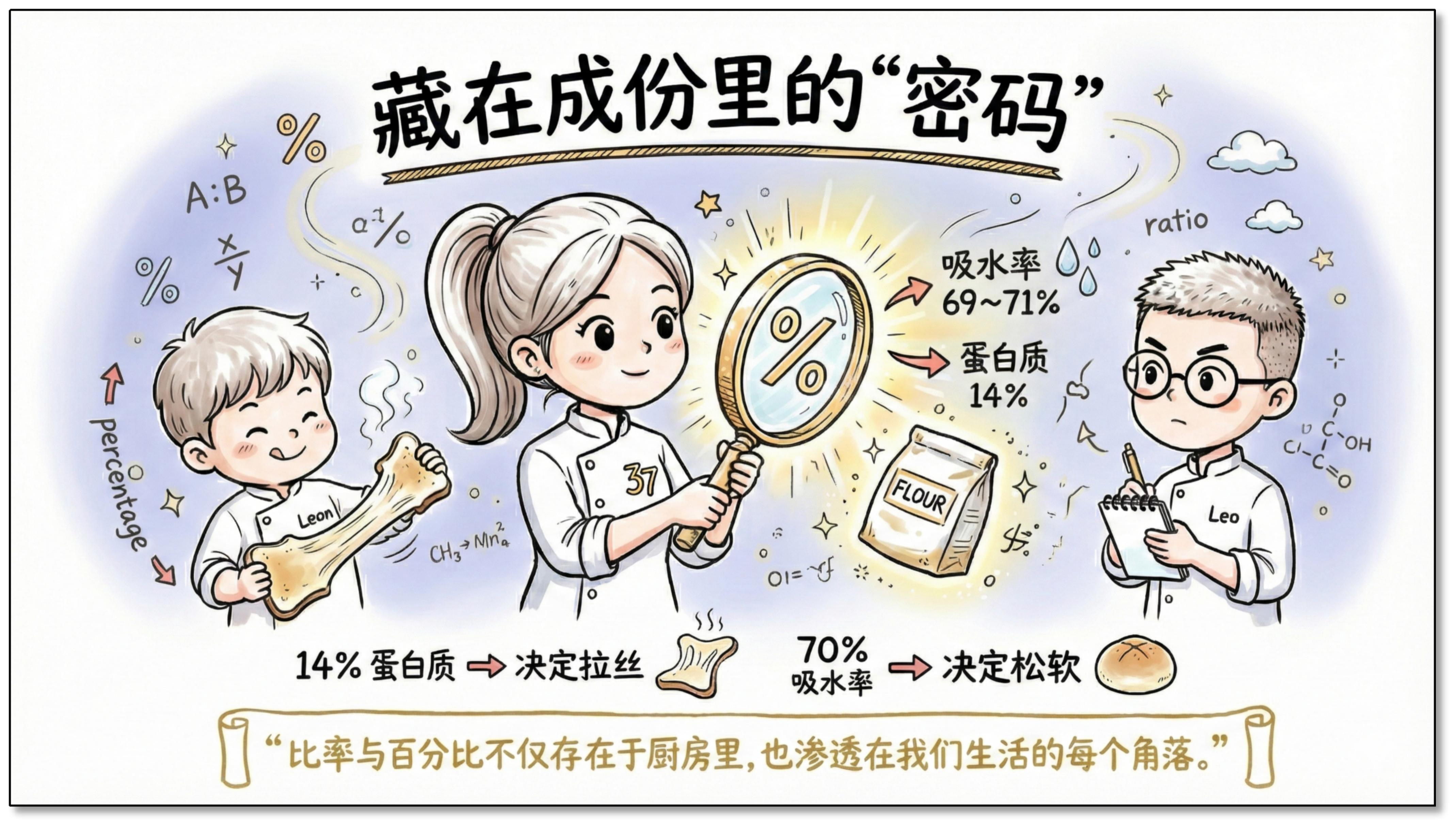 藏在成份里的密码：吸水率 69–71%，蛋白质 14%；14% 蛋白质决定拉丝，70% 吸水率决定松软